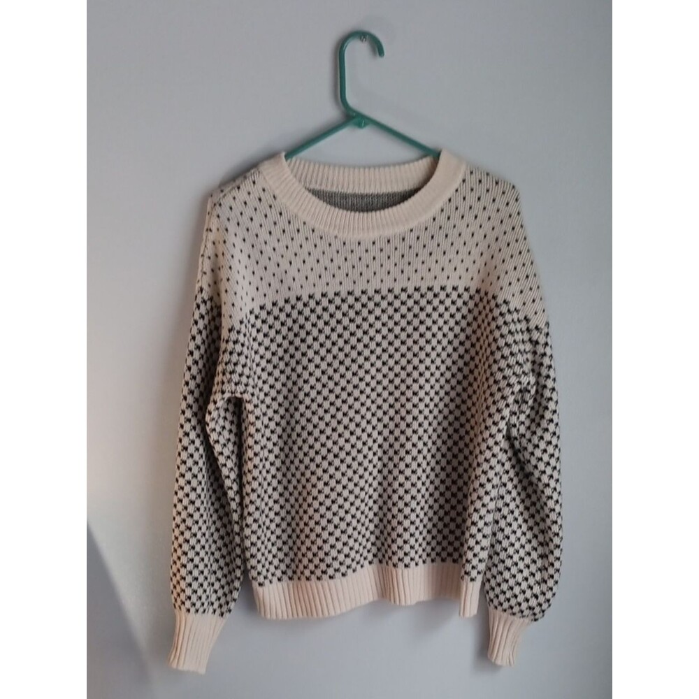 Cream and Black Patterned Crewneck Sweater